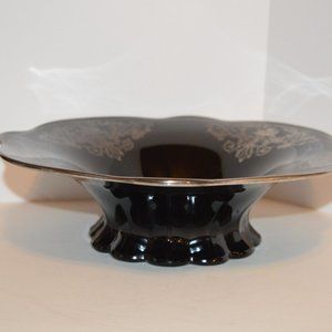 Black Glass Silver Color Inlay Unmarked German Glass Stag Design Decorative Bowl